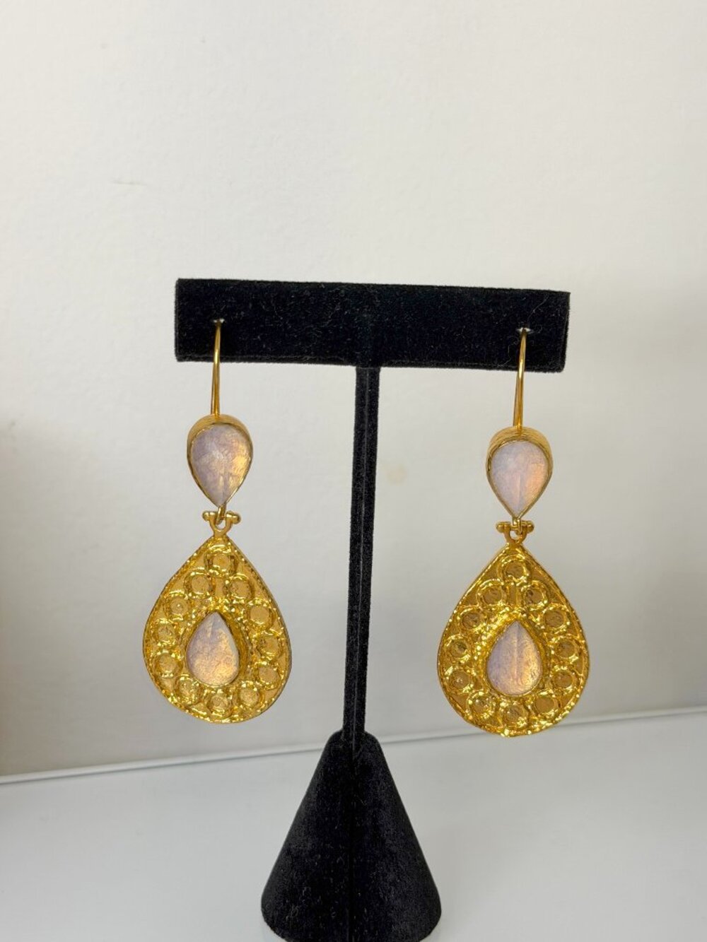 Gold Dangle Earrings w/ White Pearl Moonstone Gemstone Elegant Statement Jewelry